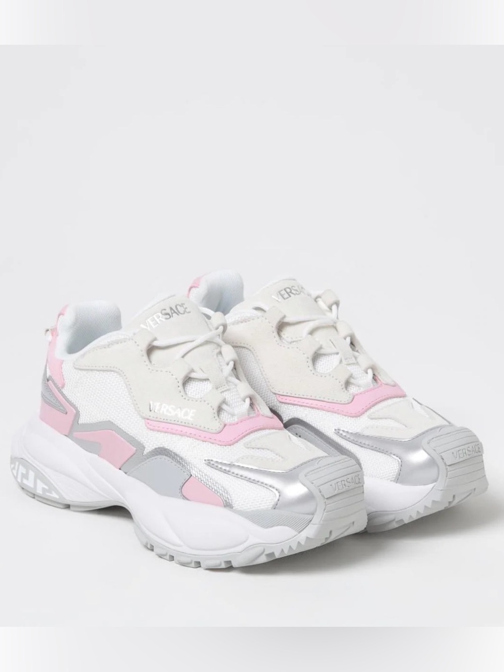 Versace White, Pink & Silver Chunky Leather Sneakers